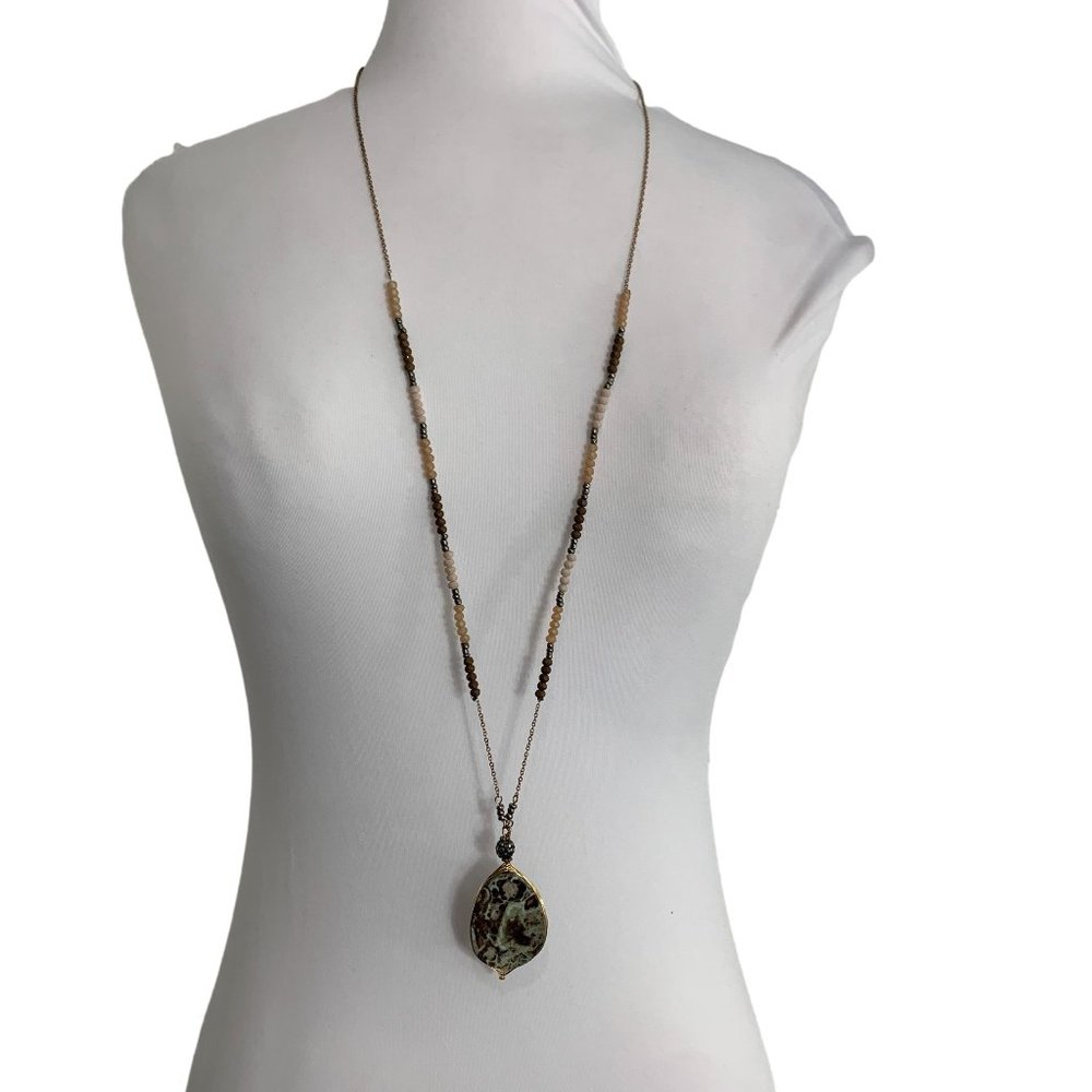 Long 37" Necklace Wire Wrapped Oval Stone Pendant Beaded Gold Tone Boho